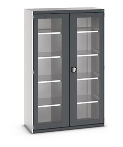 Bott Cubio Window Door Cupboard with lockable doors and clear perspex windows. External dimensions are 1300mm wide x 525mm deep x 2000mm high and the cupboard is supplied with 4 x 160kg capacity shelves.... Bott Cubio Window Clear Door Cupboards